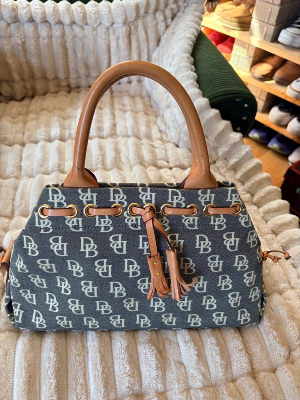 Monogram Canvas Satchel Handbag with Tan Leather Trim